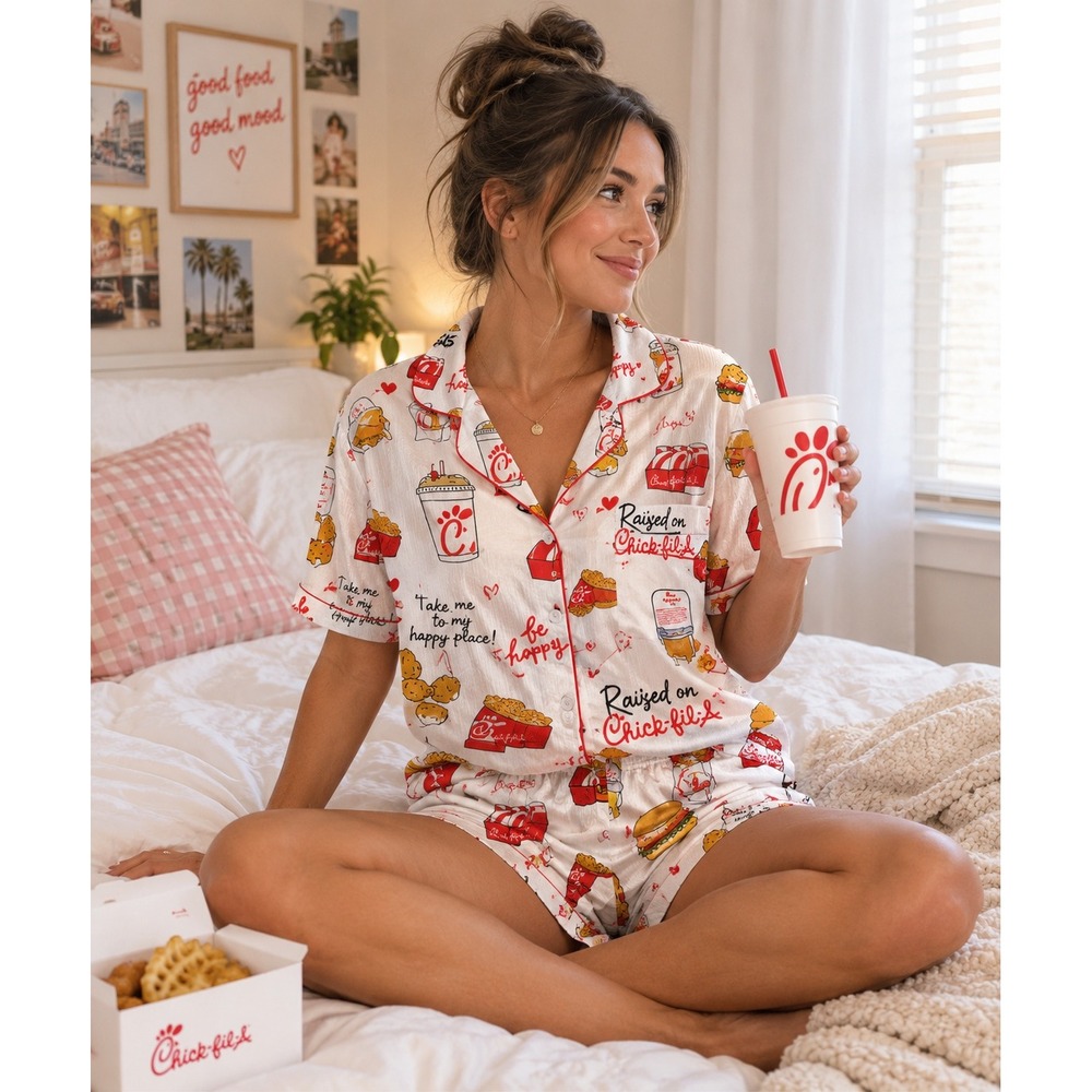 Chick-fil-A Graphic Print Pajama Set Short Sleeve Button Down Shorts White Red